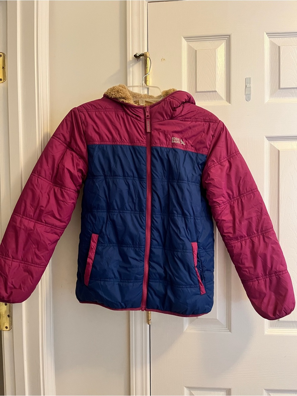 Eddie Bauer Girls Reversible Sherpa Puffer Jacket Pink Navy L 14/16